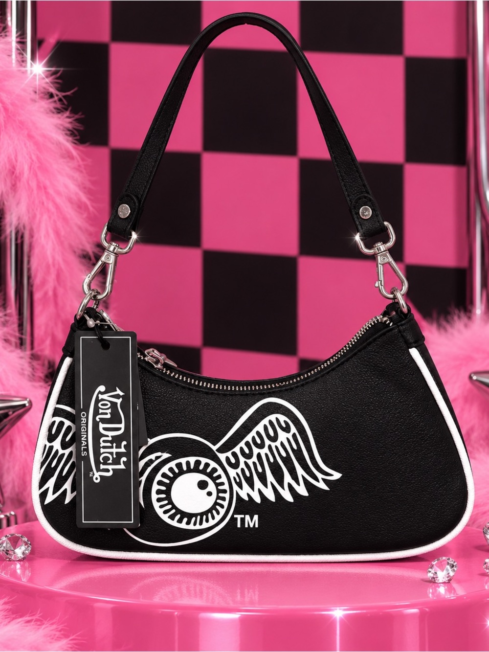 Von Dutch Black & White Y2K Baguette Shoulder Bag NWT - Picture 2 of 4